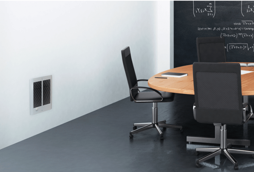 A professional conference setting with a table, chairs, and a blackboard