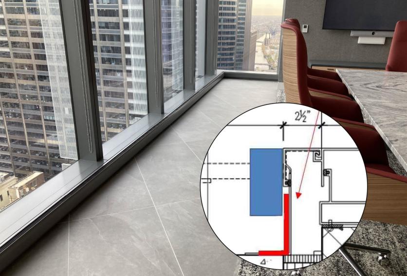 Diagram showing a room layout with a window and a table, illustrating space and furniture arrangement