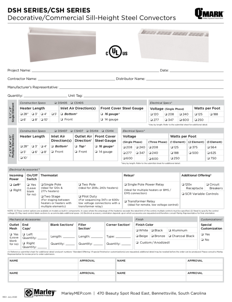 QMark DSH-CSH Convector Intake Form