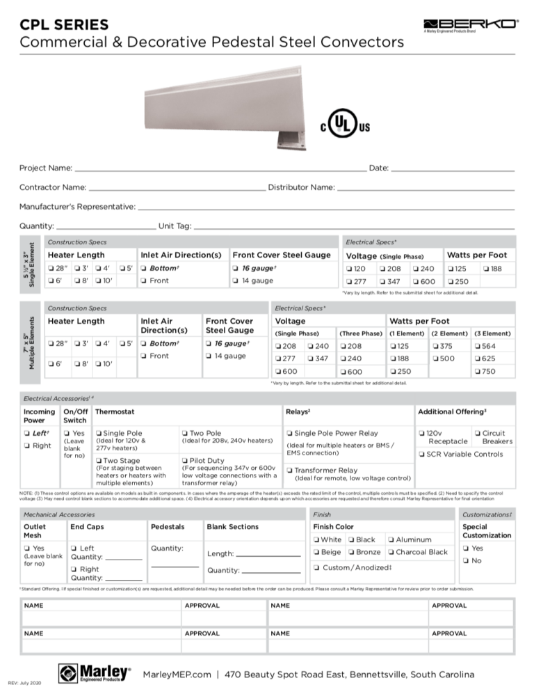 Berko CPL Convector Intake Form