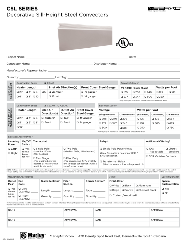 Berko CSL Convector Intake Form