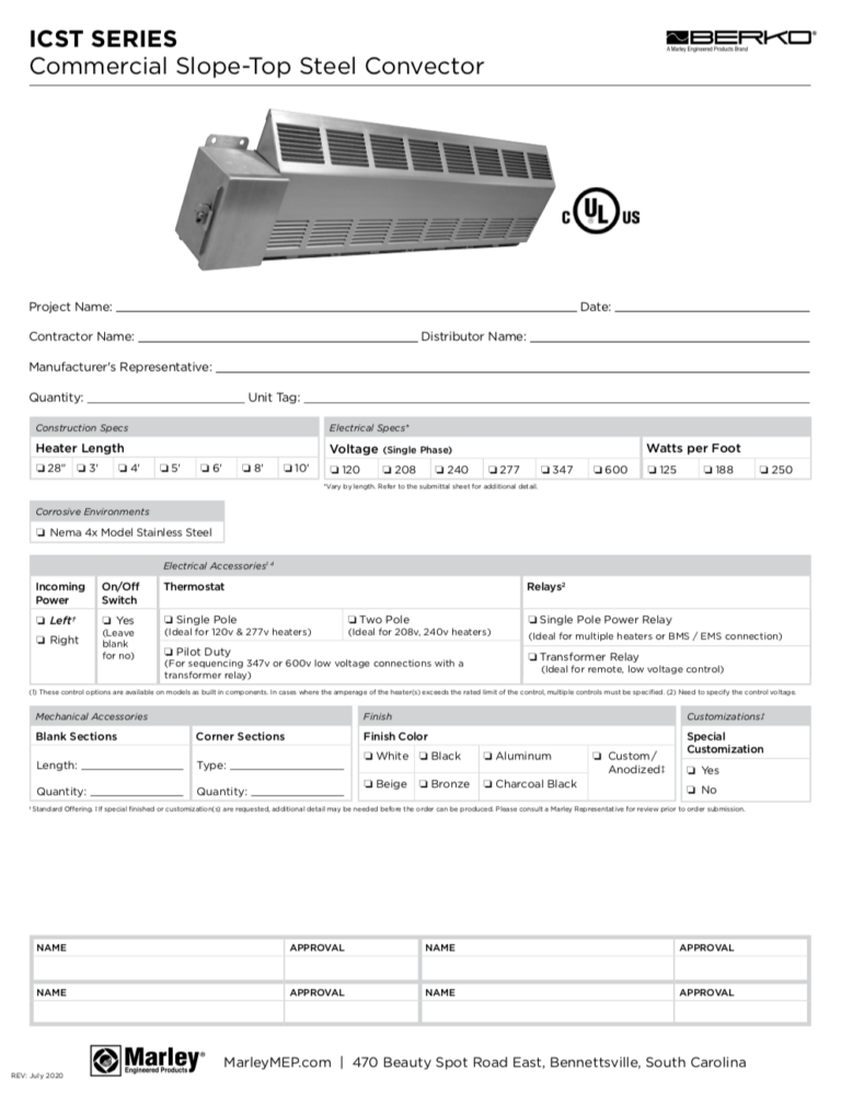 Berko ICST Convector Intake Form