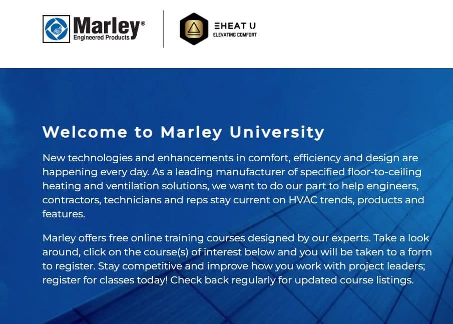 Screenshot of Marley Heat University Online Training webpage