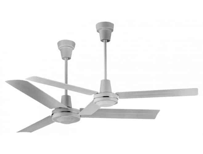 Two modern, metallic ceiling fans with three blades each.